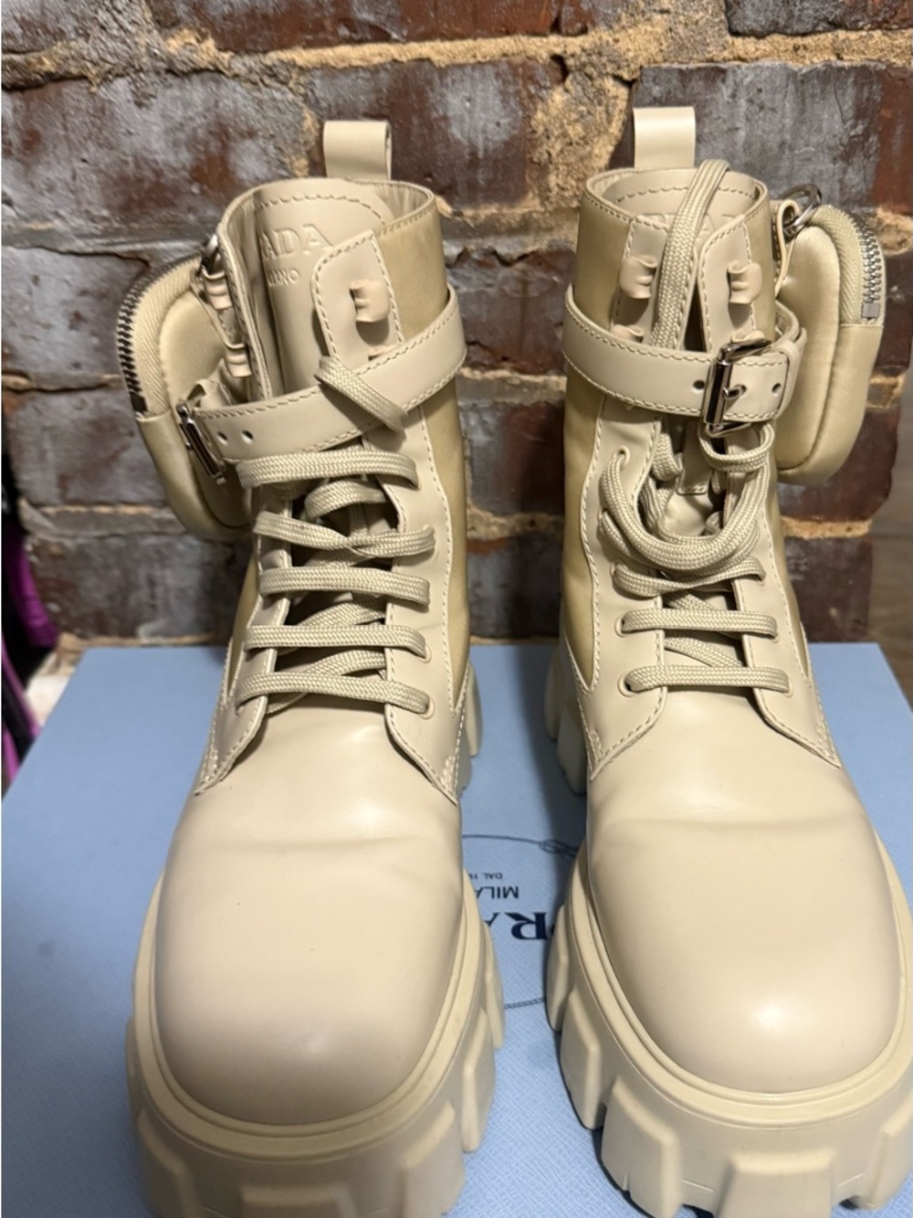 Prada Cream Combat Moto Boots with Removable Pouch